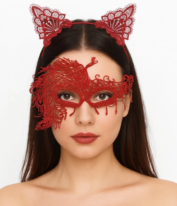 Alevin Zarafeti Kırmızı Dantel Maske Ve Taç Seti 4 No – Kadın Kostüm Tamamlayıcı