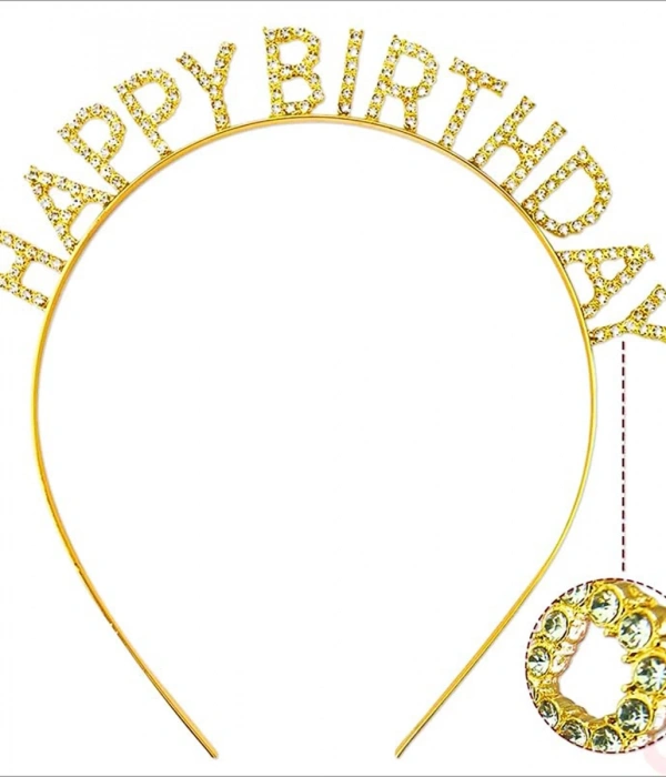 Altın Gold Renk Kristal Taşlı Parlak Happy Birthday Taç 16x17 Cm