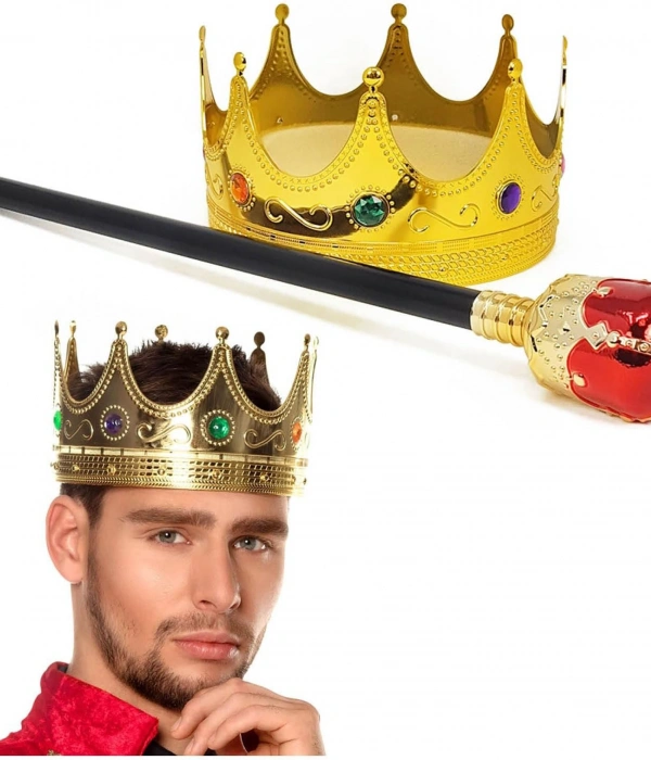 Altın Renk 60 Cm Kral Tacı Kraliyet Tacı Ve Kırmızı Topuzlu Kral Asası Seti
