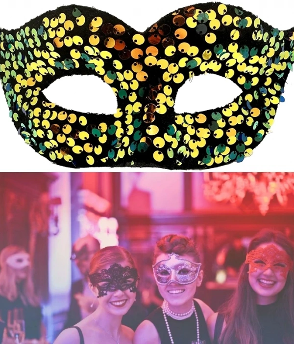 Altın Renk Arkadan Lastikli Pul Payet İşlemeli Balo After Parti Maskesi