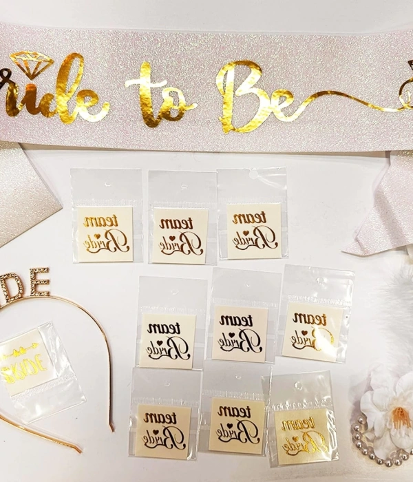 Altın Renk Bride Partisi Taç Kuşak Dövme Bileklik Seti Full 13 Parça