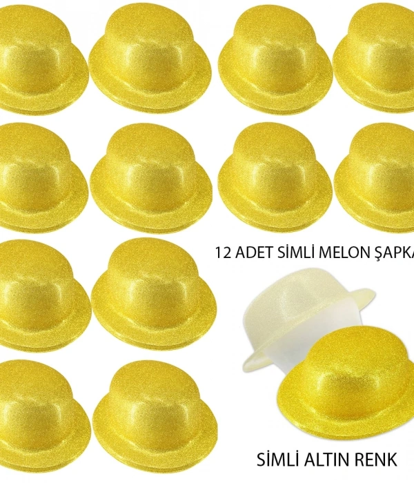 Altın Renk Simli Melon Yuvarlak Parti Şapkası 12 Adet