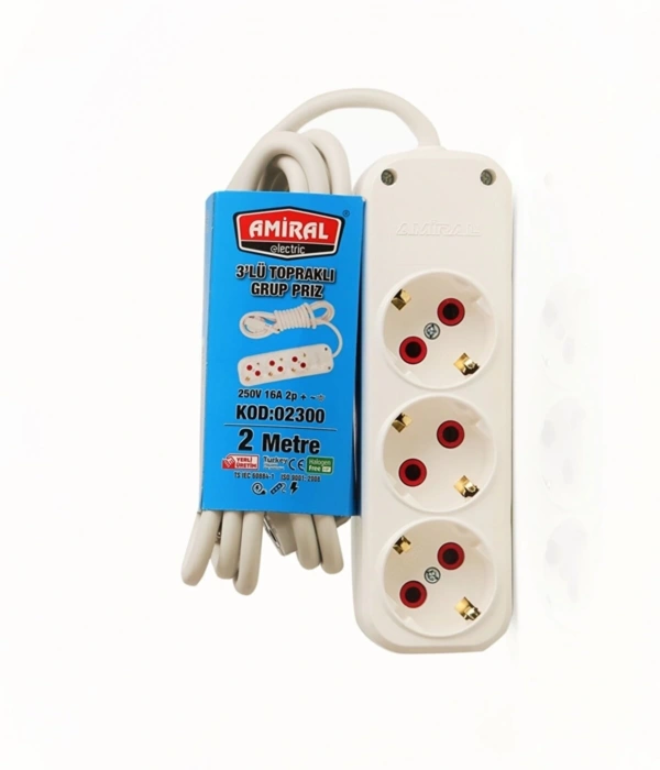 Amiral 3 Lü Topraklı 2 Metre Kablolu Grup Priz