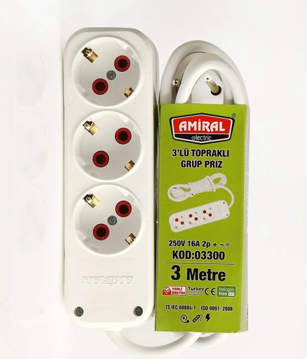 Amiral 3 Lü Topraklı 3 Metre Kablolu Grup Priz