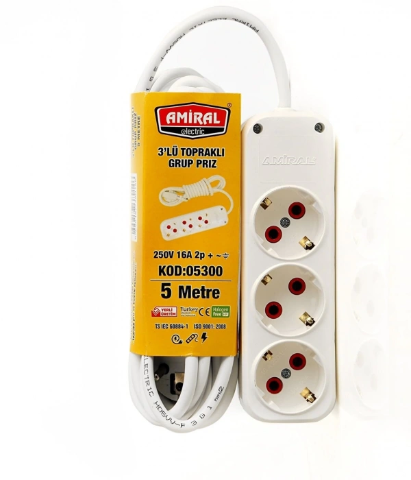 Amiral 3 Lü Topraklı 5 Metre Kablolu Grup Priz