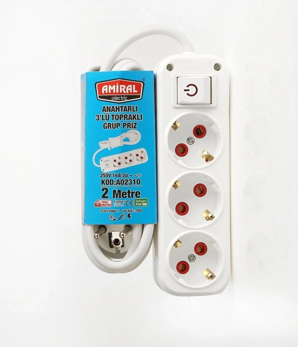Amiral 3 Lü Topraklı Anahtarlı 2 Metre Kablolu Grup Priz