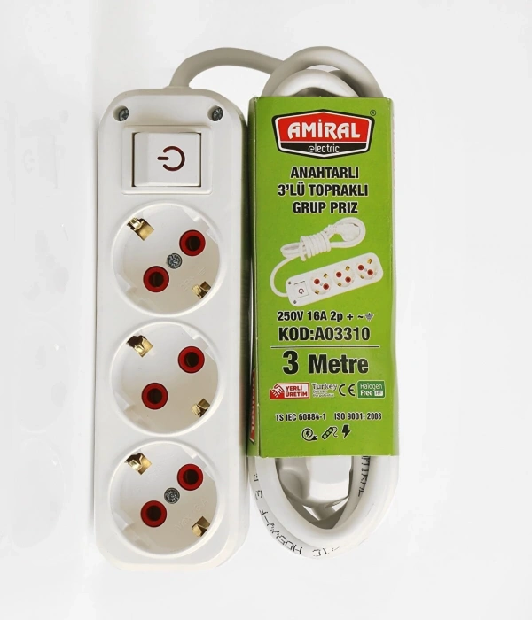 Amiral 3 Lü Topraklı Anahtarlı 3 Metre Kablolu Grup Priz