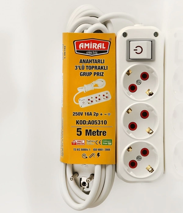Amiral 3 Lü Topraklı Anahtarlı 5 Metre Kablolu Grup Priz