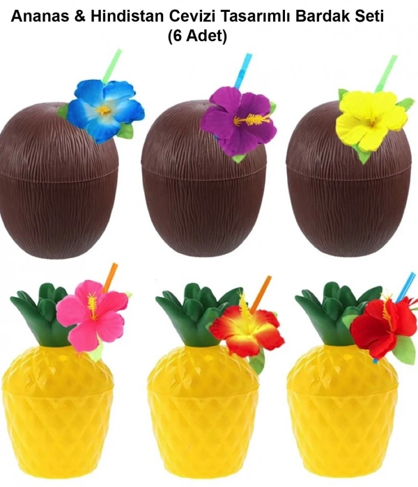 Ananas  Hindistan Cevizi Tasarımlı Pipetli Bardak Seti (6 Adet)