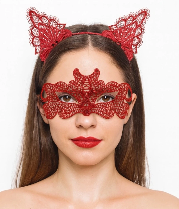 Ateş Kırmızısı Dantel Taç Ve Maske Seti 10 No - Maskeli Balo  Özel Gün Seti