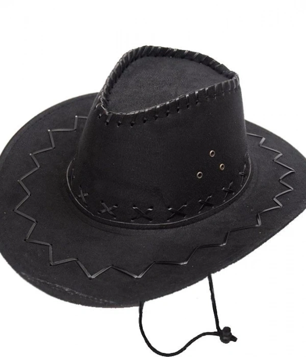 Bağcıklı Çocuk Boy Nubuk Süet Kovboy Şapkası Siyah Renk