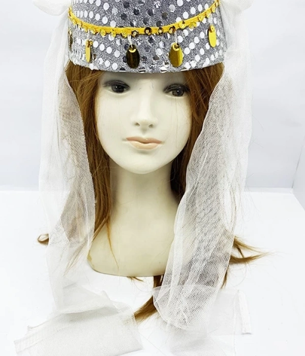 Beyaz Duvaklı Altın Pul İşlemeli Kına Fesi Kına Şapkası Oryantal Şapkası