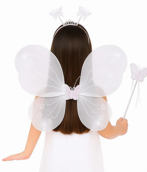 Beyaz Kelebek Kız Seti – 50 Cm Kelebek Kanadı, Taç Ve Asa