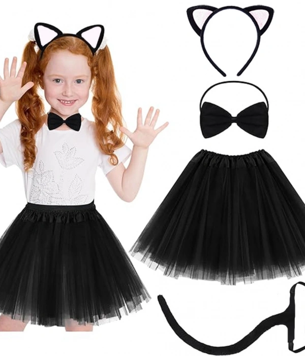 Beyaz Kulaklı Kedicik Kostüm Seti (tütü, Taç, Papyon, Kuyruk)