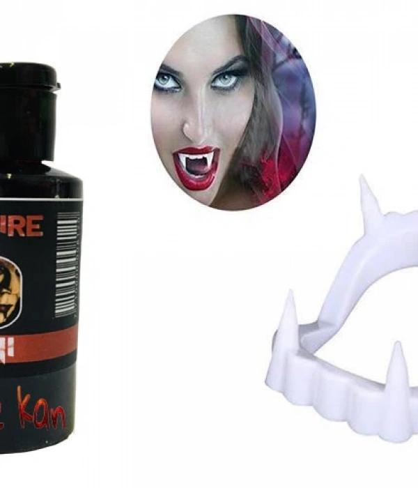 Beyaz Renk Çift Damak Takma Vampir Dişi Ve 50 Gr Tiyatro Kanı