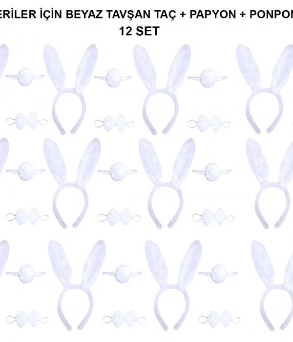 Beyaz Tavşan Kostüm Seti – Taç, Papyon, Kuyruk (12’li Paket)