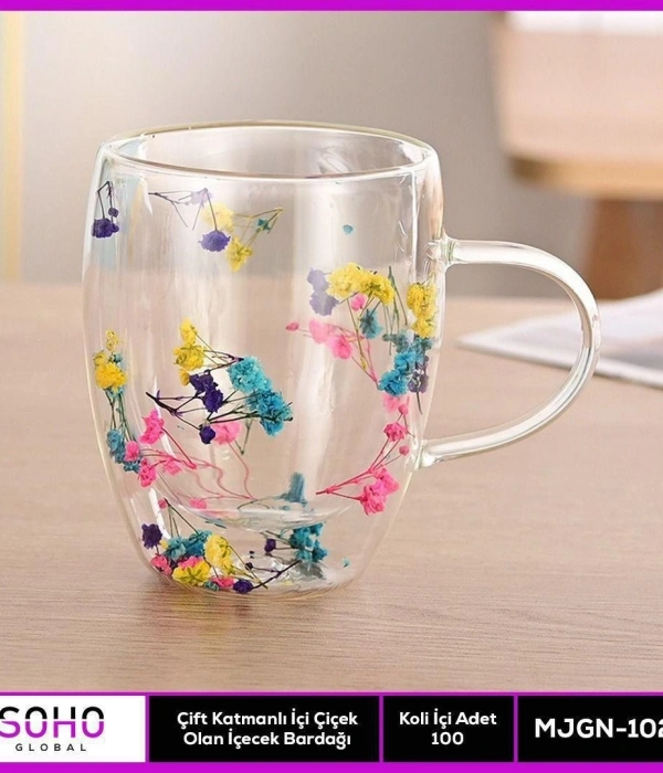 Çift Katmanlı İçinde Çiçek Olan Bardak