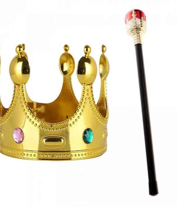 Çocuk Boy Altın Renk Kral Tacı Ve Kırmızı Topuzlu Kral Asası