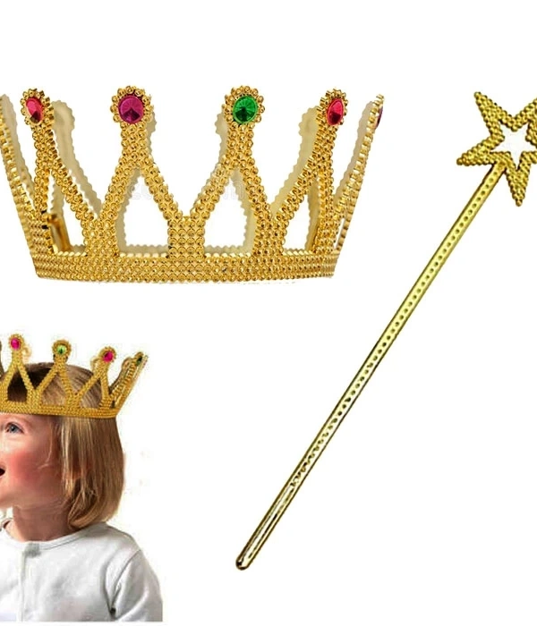 Çocuk Boy Kraliçe Prenses Tacı Ve Yıldız Peri Asası Altın Renk