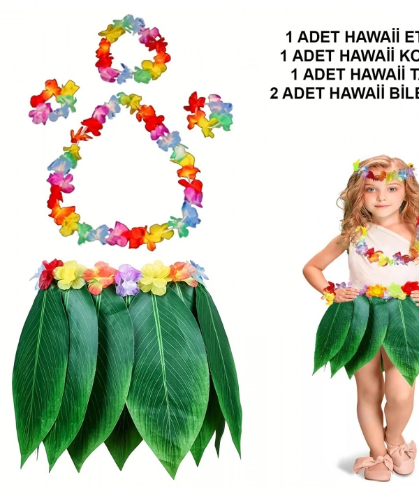 Çocuk Hawaii Kostüm Seti - Yaprak Etek  Hawaii Set - 5 Parça