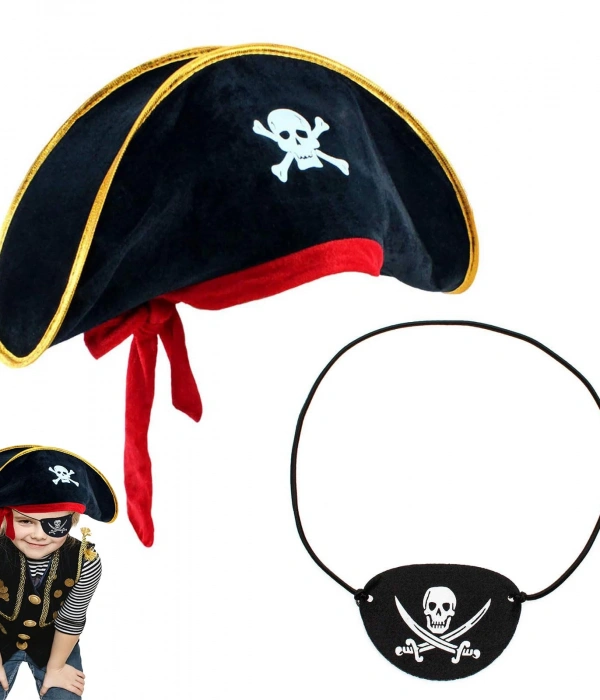 Çocuk Kadife Korsan Şapka  Vinleks Deri Göz Bandı Seti