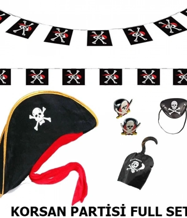 Çocuk Korsan Şapkası + Kancası + Göz Bandı + 2 Adet Yüzük + Afiş Seti