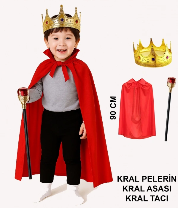 Çocuk Kral Kostüm Seti – Kırmızı Pelerin, Taç Ve Asa (90 Cm)