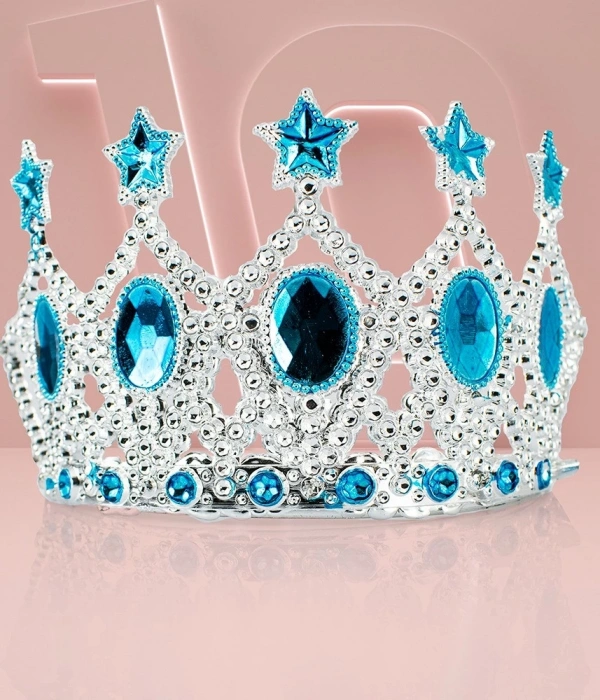 Çocuk Kraliçe Tacı - Mavi Yıldız İşlemeli Prenses Tacı 15x7 Cm