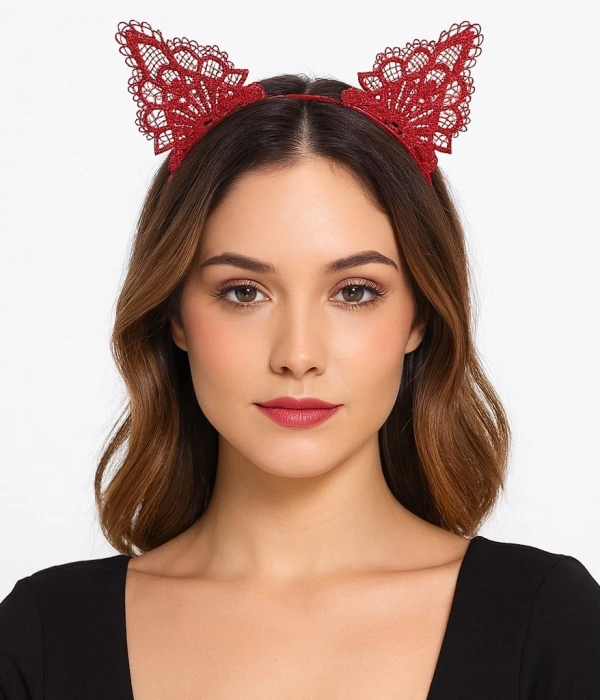 Dantelli Kırmızı Kedi Tacı - Vintage Tarz Dantel Kedi Kulak