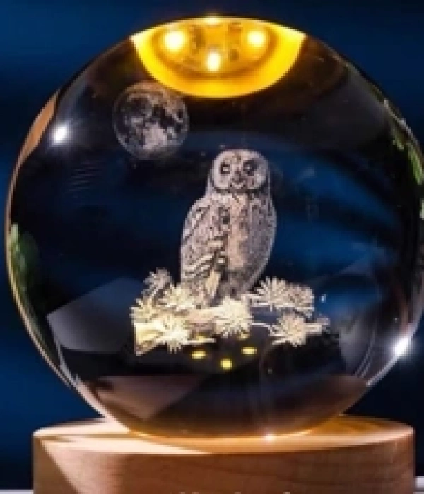 Dekoratif Baykuş Tasarımlı Ahşap Altlıklı Işıklı Cam Küre Büyük Boy 8cm