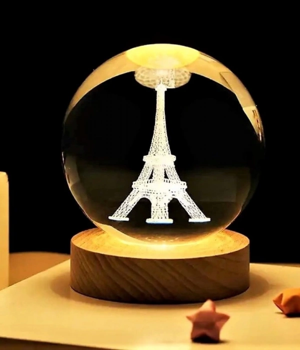 Dekoratif Eyfel Kulesi Tasarımlı Ahşap Altlıklı Işıklı Cam Küre Cam:6cm Ahşap:2cm