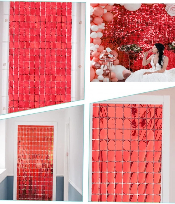 Ekstra Metalize Kırmızı Renk Disko Dikdörtgen Kesim Kapı Perdesi Dekorasyon 1x2 Metre