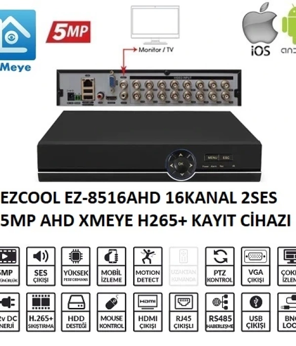 EZCOOL EZ-8516AHD 16 KANAL 5 MP 1HDD XMEYE KAYIT CİHAZI