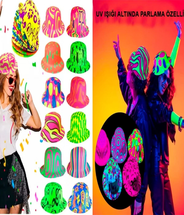 Farklı Desenlerde Plastik Neon Uv Işık Parti Şapkası 1 Adet