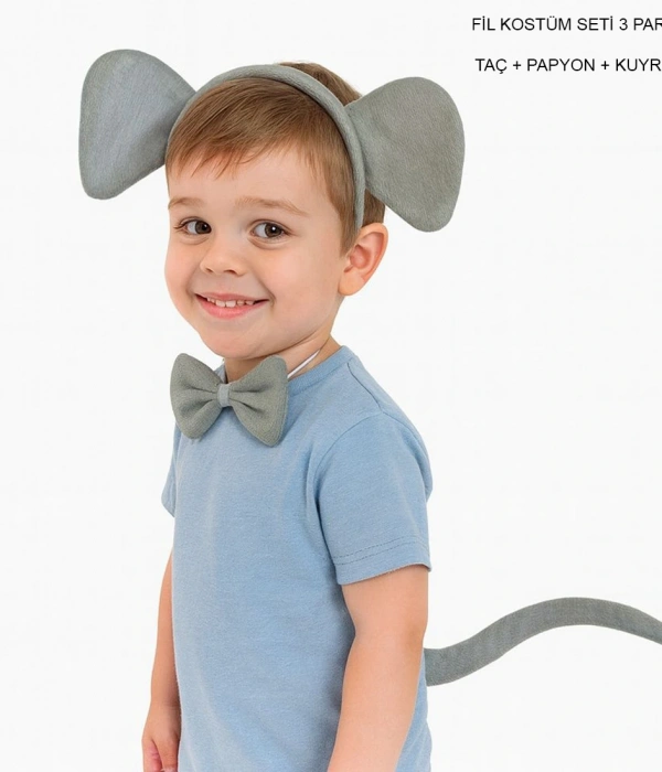 Fil Kostümü Aksesuar Seti 3 Lü - Taç Papyon Kuyruk