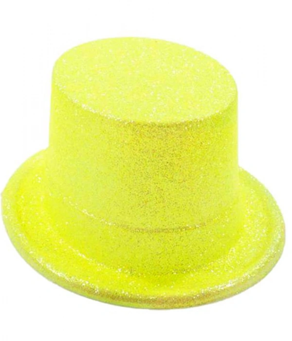 Floresan Sarı Renk Simli Uzun Fötr Melon Şapka 12 Cm