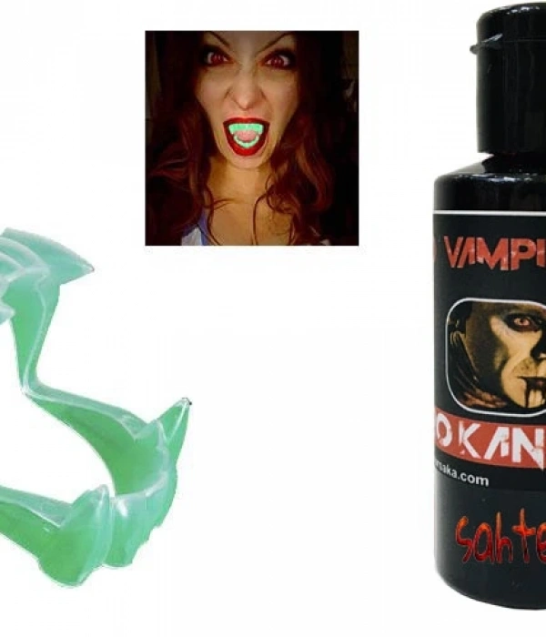 Fosforlu Çift Damak Takma Vampir Dişi Ve 50 Gr Tiyatro Kanı