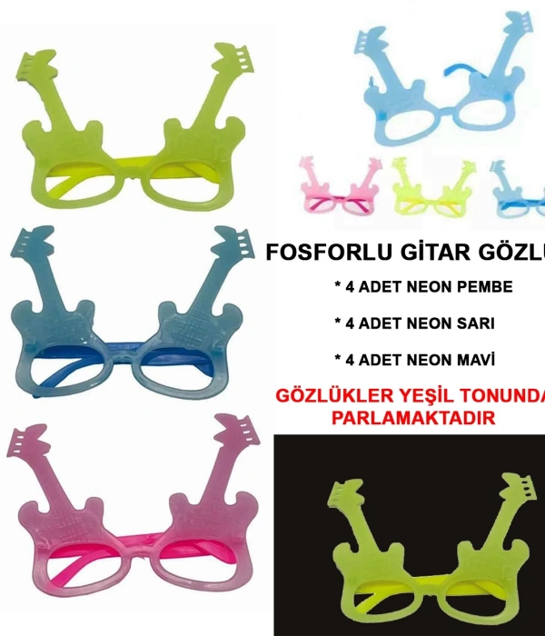 Fosforlu Gitar Model Glow Parti Gözlüğü Karanlıkta Yanan Gözlükler 12 Adet