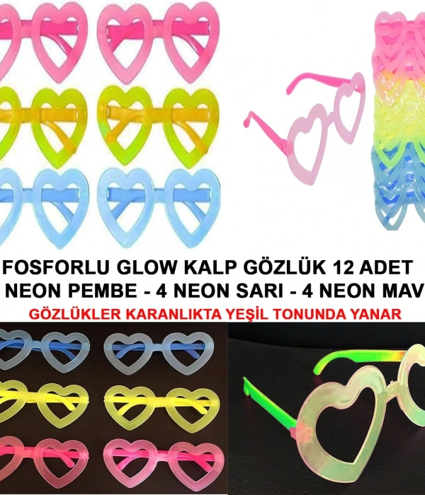 Fosforlu Kalp Model Glow Parti Gözlüğü Karanlıkta Yanan Gözlükler 12 Adet