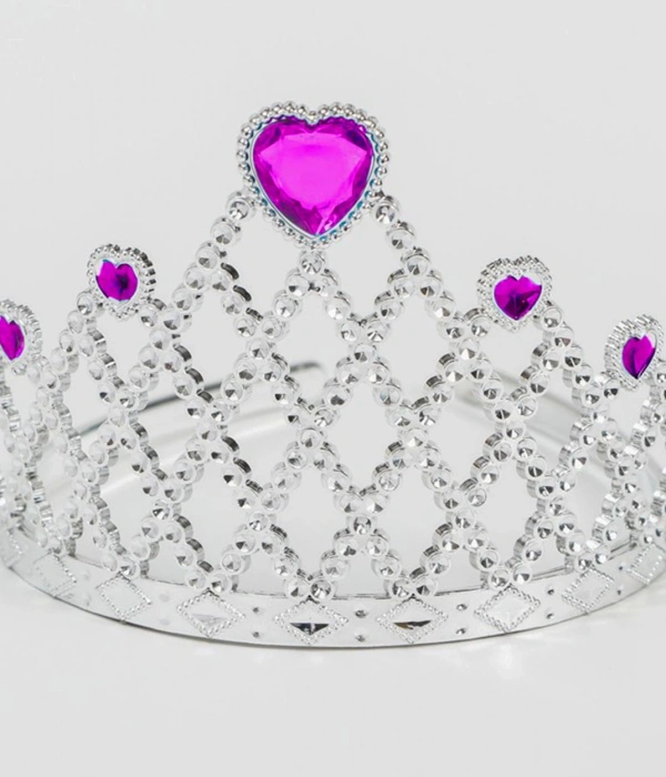Fuşya Kalpli Gümüş Renk Kraliçe Tacı Prenses Tacı