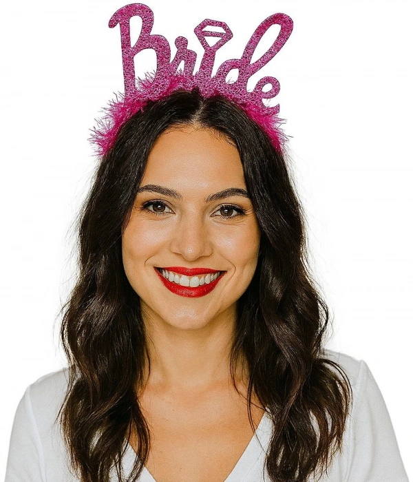 Fuşya Renk Bekarlığa Veda İtalik Yazı Alyanslı Bride Taç