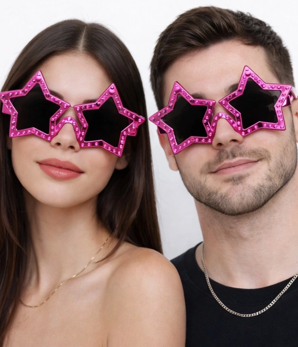 Fuşya Renk Disko Yıldızı Retro Parti Gözlüğü 16x7 Cm