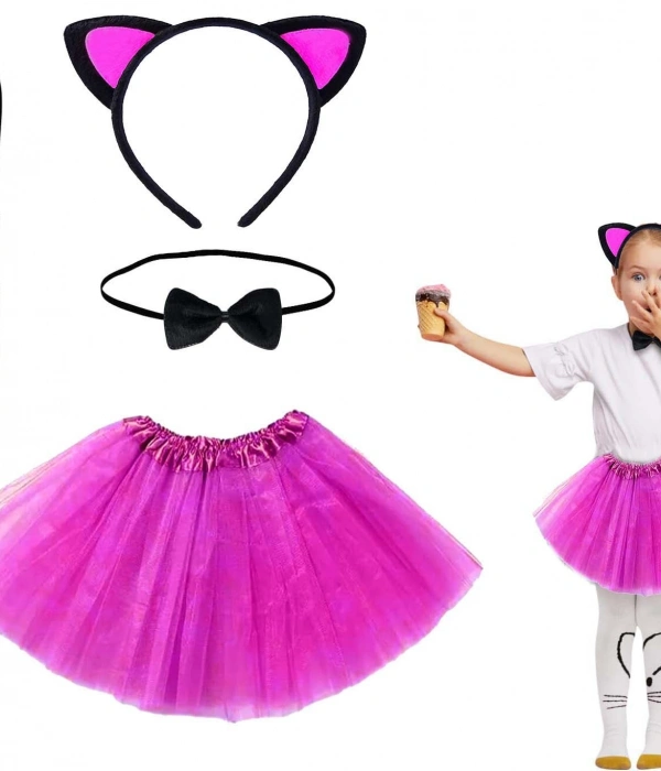 Fuşya Renk Etekli Kedi Kostüm Seti (tütü, Taç, Papyon, Kuyruk)
