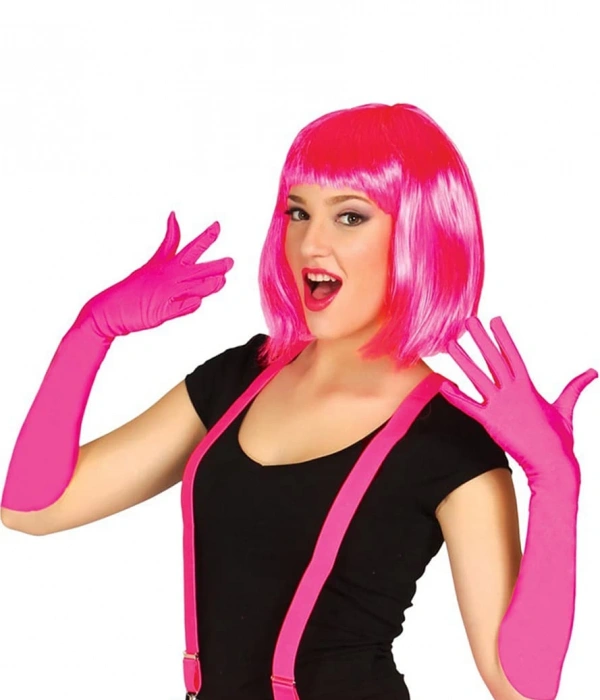 Fuşya Renk Saten Uzun Eldiven Ve Küt Parti Peruğu