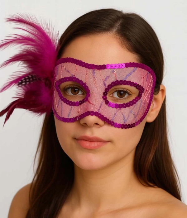 Fuşya Renk Yandan Tüylü Pul Payet İşlemeli Parti Maskesi 23x12 Cm