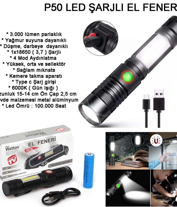 Geniş Açılı P50 Led Şarjlı El Feneri  Wt-601