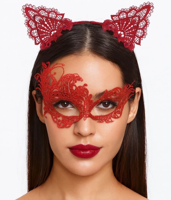 Gizemli Kırmızı Dantel Maske Ve Taç Seti 1 No - Kostüm Seti
