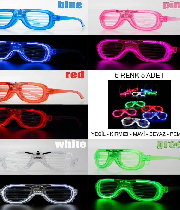 Glow Model Led Işıklı Parti Gözlüğü 3 Modlu 5 Renk 5 Adet