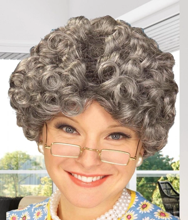 Gri Renk Kıvırcık Yaşlı Peruk Büyükanne Peruğu Astarlı Bonus