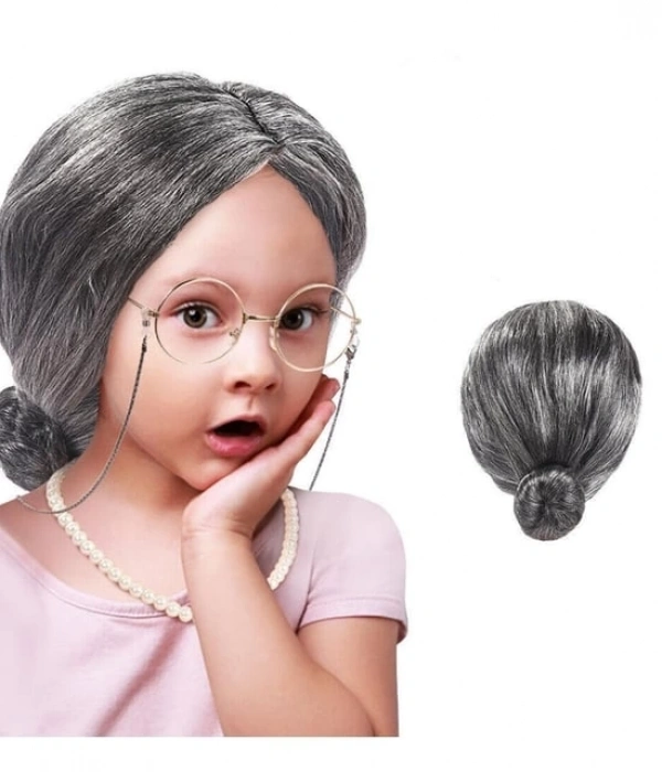 Gri Renk Yaşlı Peruğu Takma Saç Büyükanne Peruğu Yetişkin Çocuk Uyumlu
